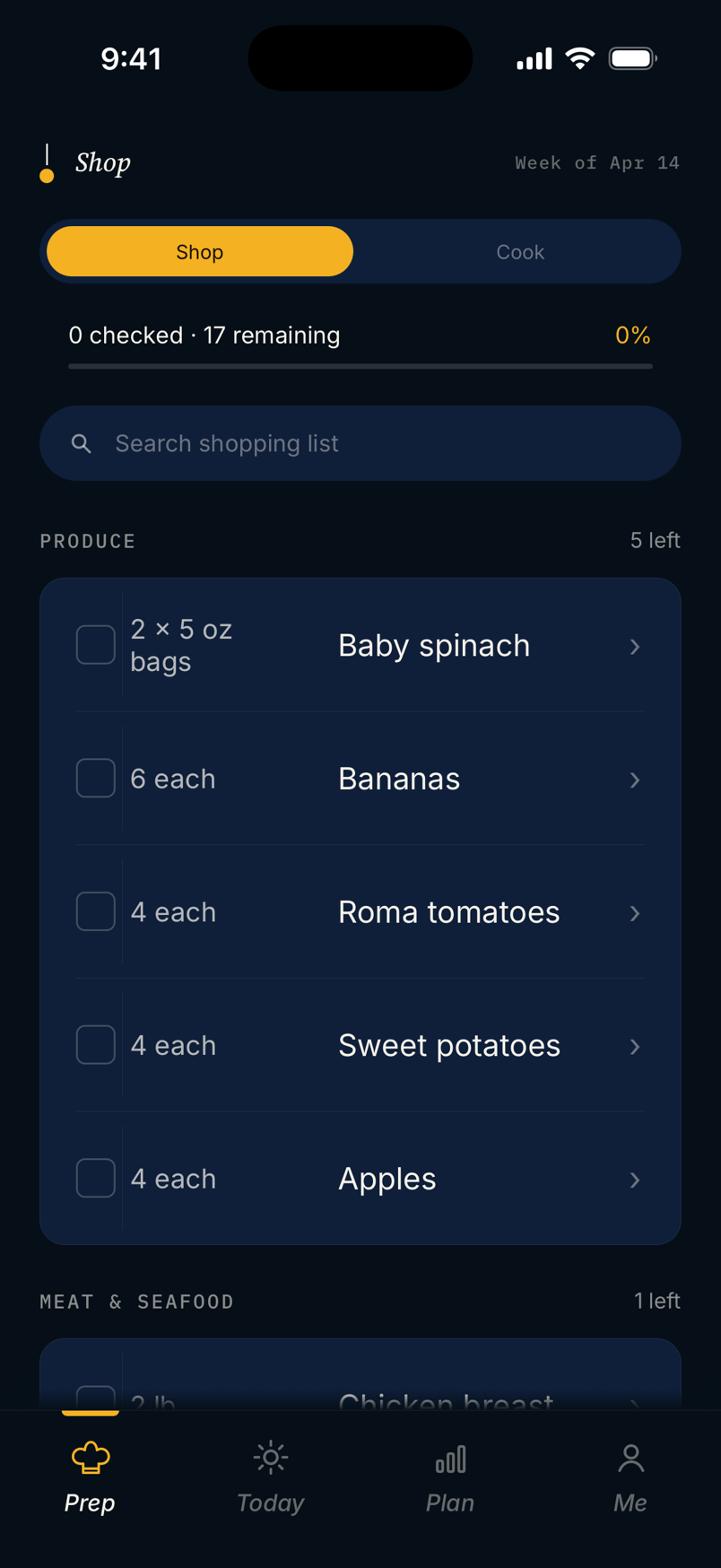 Mero grocery list screen generated from the weekly meal plan