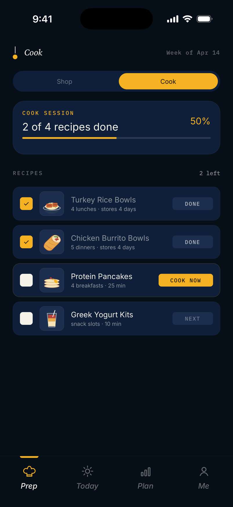 Mero prep workflow screen showing Sunday prep checklist