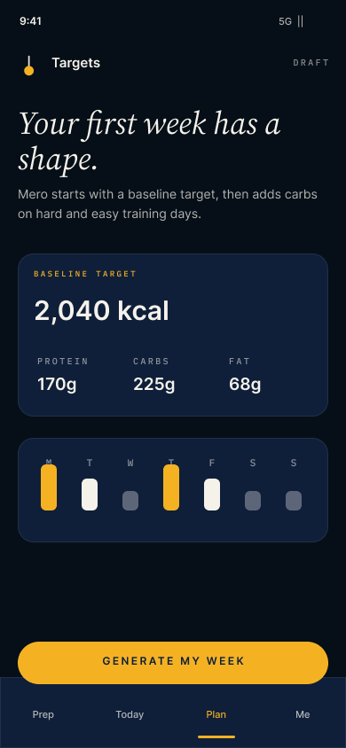 Mero macro targets screen showing baseline calories, protein, carbs, and fat before generating the week