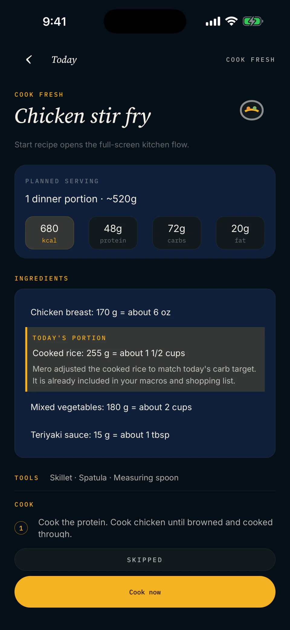 Mero chicken stir-fry detail showing one planned portion, calories and macros, household ingredient measurements, and an adjusted carbohydrate portion included in macros and shopping.